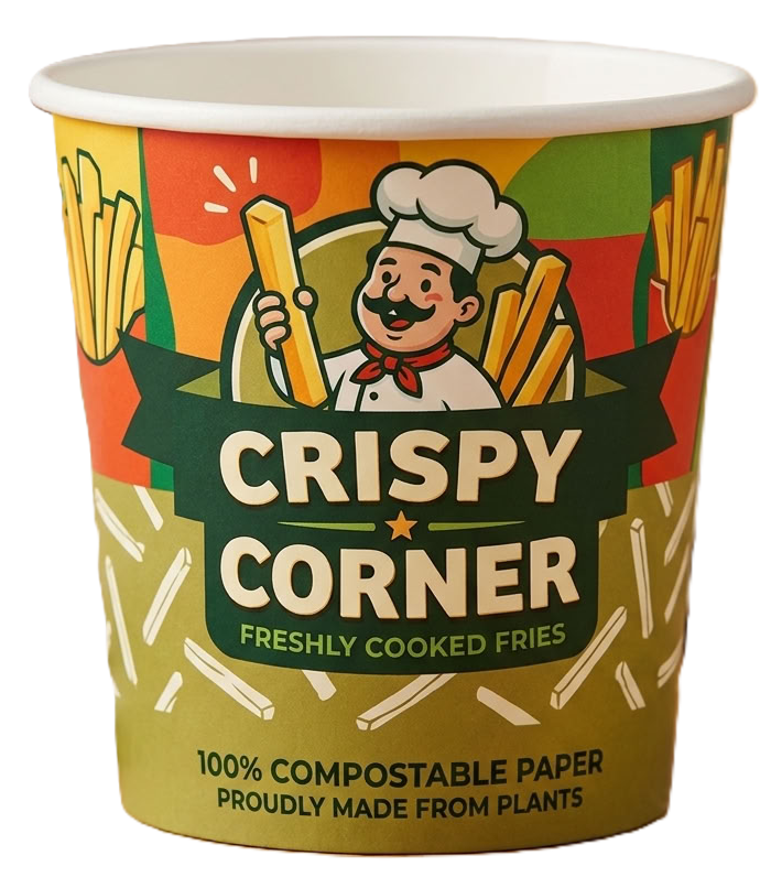 Crispy Corner custom printed compostable paper fry tub with two animated fry characters peeking out